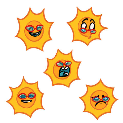 An expression sheet for the same sun character.