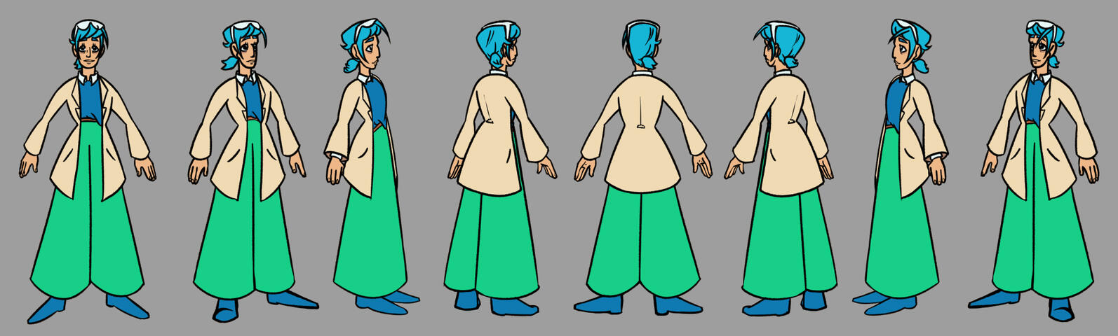 A turnaround of a man with a cream coat, blue asymetrically tucked shirt, green flared pants, blue shoes, and safety glasses on his head, shown from multiple angles.