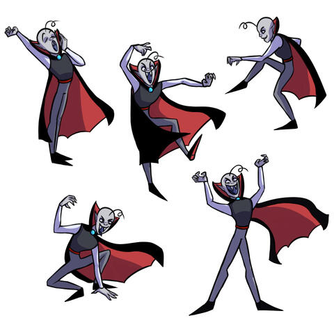 Several illustrations of a goofy looking vampire character with one curly hair making various poses.