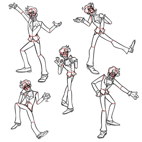 Several illustrations of the same villainous character, this time breaking the character down with construction lines.