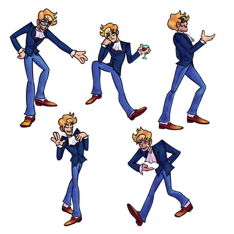 Several illustrations of a villanous aristocrat looking character in various poses.