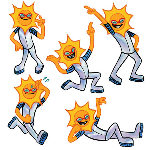 Several illustrations of a character in a blue and chrome holographic suit and a sun for a head in various poses.