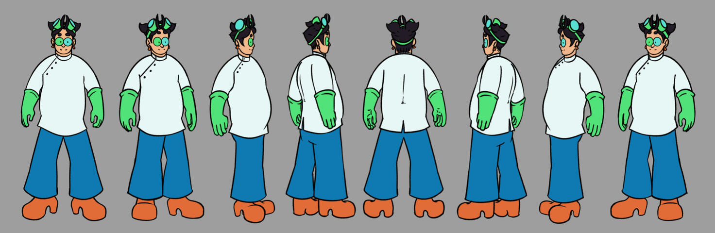 A turnaround of a mad scientist with two pairs of goggles, white mad scientist lab coat, blue flared pants, and orange platform shoes, shown from multiple angles.