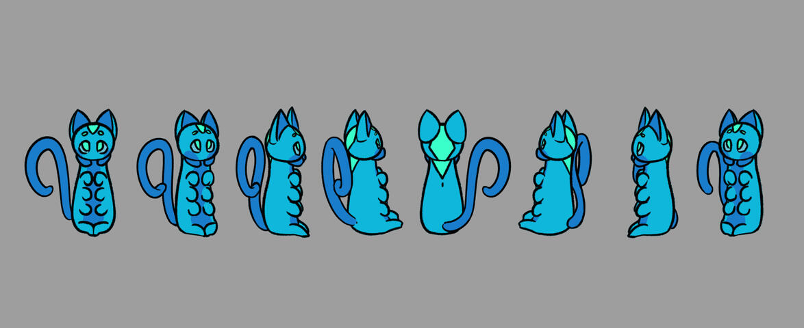 A turnaround of a blue cat caterpillar hybrid, which is a blue cat with 8 legs and caterpillar jaws, shown from multiple angles.