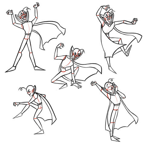 Several illustrations of the same vampire character, breaking the character down into construction lines.