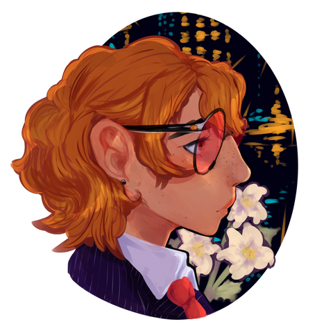 Painting of a man with red hair and round glasses with pink lenses in profile against flowers and an abstract city nightscape.