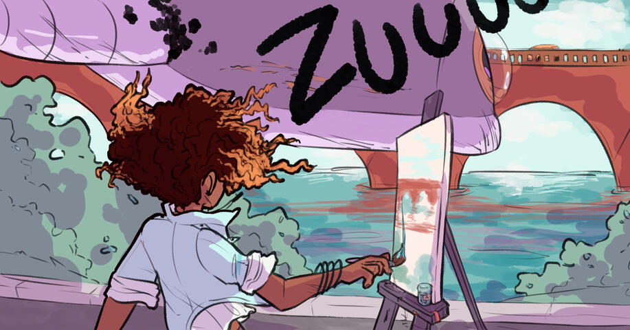 An illustration of a person distracted from their painting by a spaceship crashing.