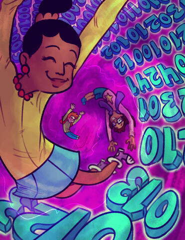 Illustration of the kids from the cartoon CyberChase being pulled into a portal with numbers surrounding them.