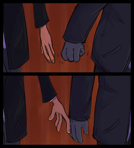 Two comic panels. Watson has his hand balled into a fist. He relaxes when Holmes reaches out for his hand.