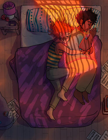 Illustration of two men cuddling in bed, with the sun hitting them.
