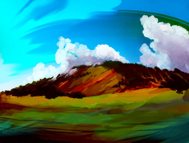 A painting of a landscape, a grassy plain with a mountain in the distance.