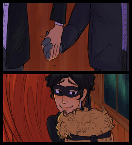 Two comic panels. Holmes holds Watson's hand. He looks at him lovingly.