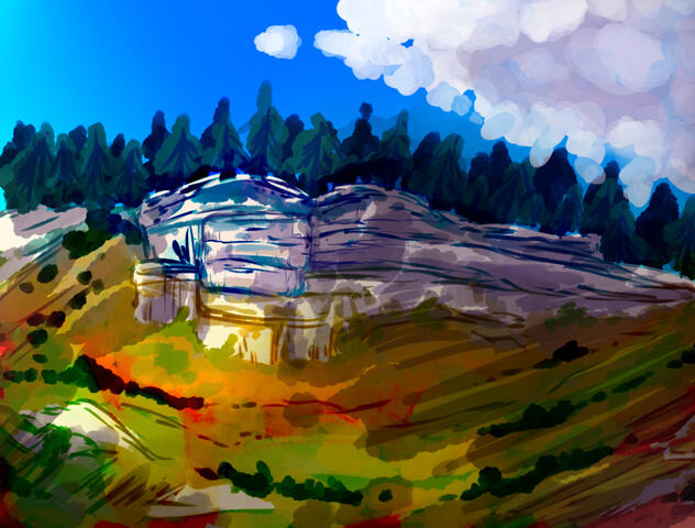 A painting of a landscape, a white rock cliff with trees on top of it.