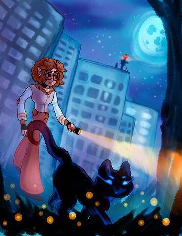 A painting of a man and his ghost cat exploring outside the city limits at night.