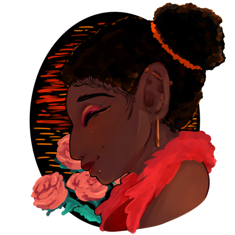 Painting of a woman in a red dress and feather boa against roses and an abstract background.