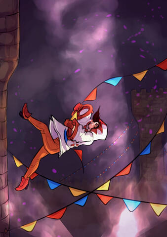 An illustration of Garnet from Final Fantasy IX falling from a tower, holding onto a pennant string.