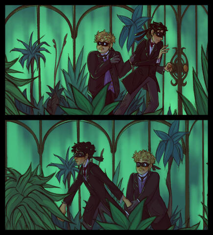 Two comic panels. Sherlock Holmes and Watson break into a greenhouse wearing black masks. Holmes holds Watsons hand to lead him through the greenhouse.