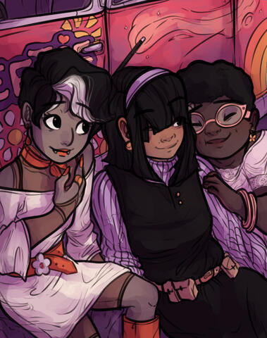 An illustration of three women, one of whom is a vampire, sitting by the side of a van, snuggled up with each other.