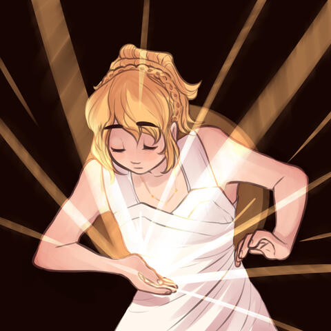An illustration of Lunafreya from Final Fantasy XV looking at something in her hand, which is radiating beams of light.