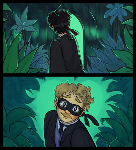 Two comic panels. Sherlock Holmes leads Watson by the hand through a greenhouse. In front of him is a glowing green door. Watson looks at him lovingly.