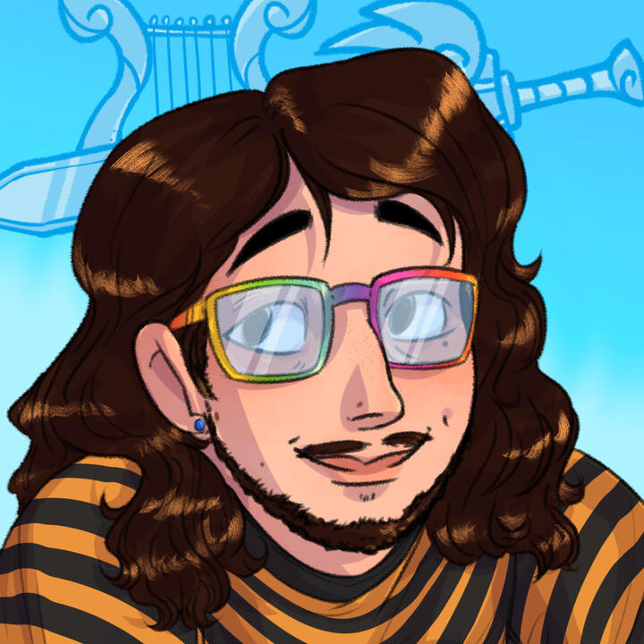 A self portrait of the artist smiling. He has long brown hair, a beard and moustache, rainbow glasses, and a yellow and black striped shirt.